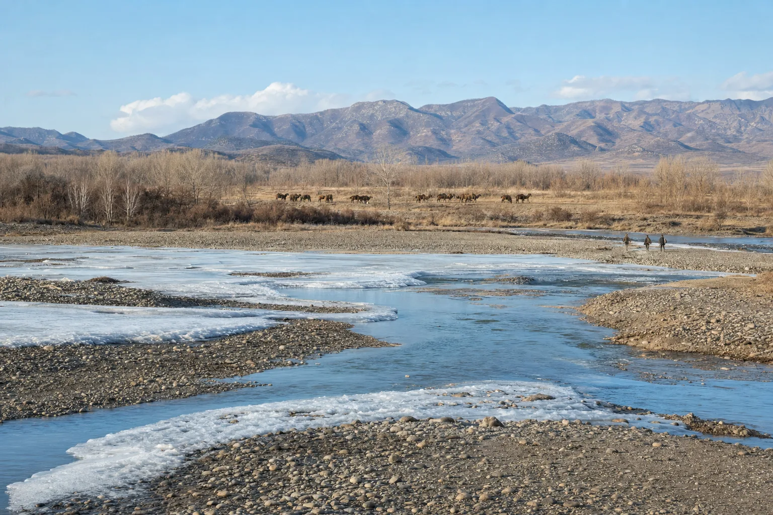 Realistic reconstruction of a cold Middle Pleistocene river valley in northeastern China with grassland, scattered trees and a small group of people gathering by the water
