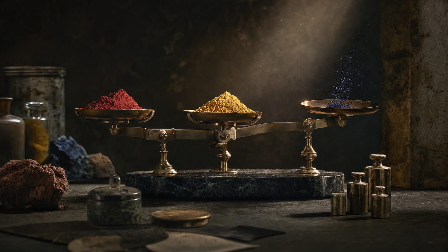 A dark editorial close-up of a precision balance weighing small heaps of coloured pigment, some pans nearly empty and trembling.