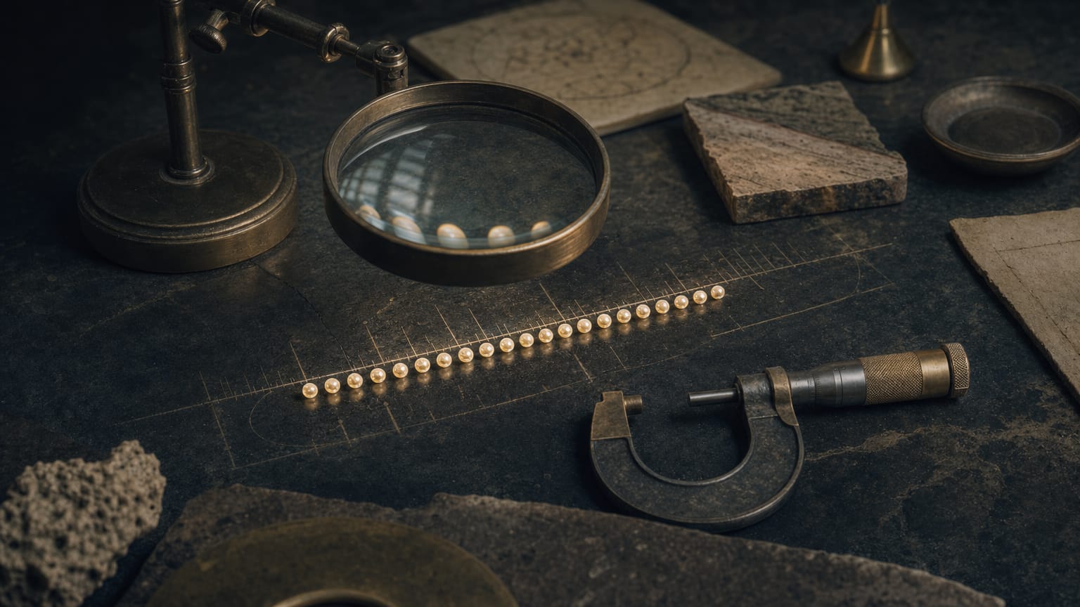 A dark metrology bench with a fine chain of 25 glowing beads under a magnifying lens, calibration marks etched faintly into the surface.