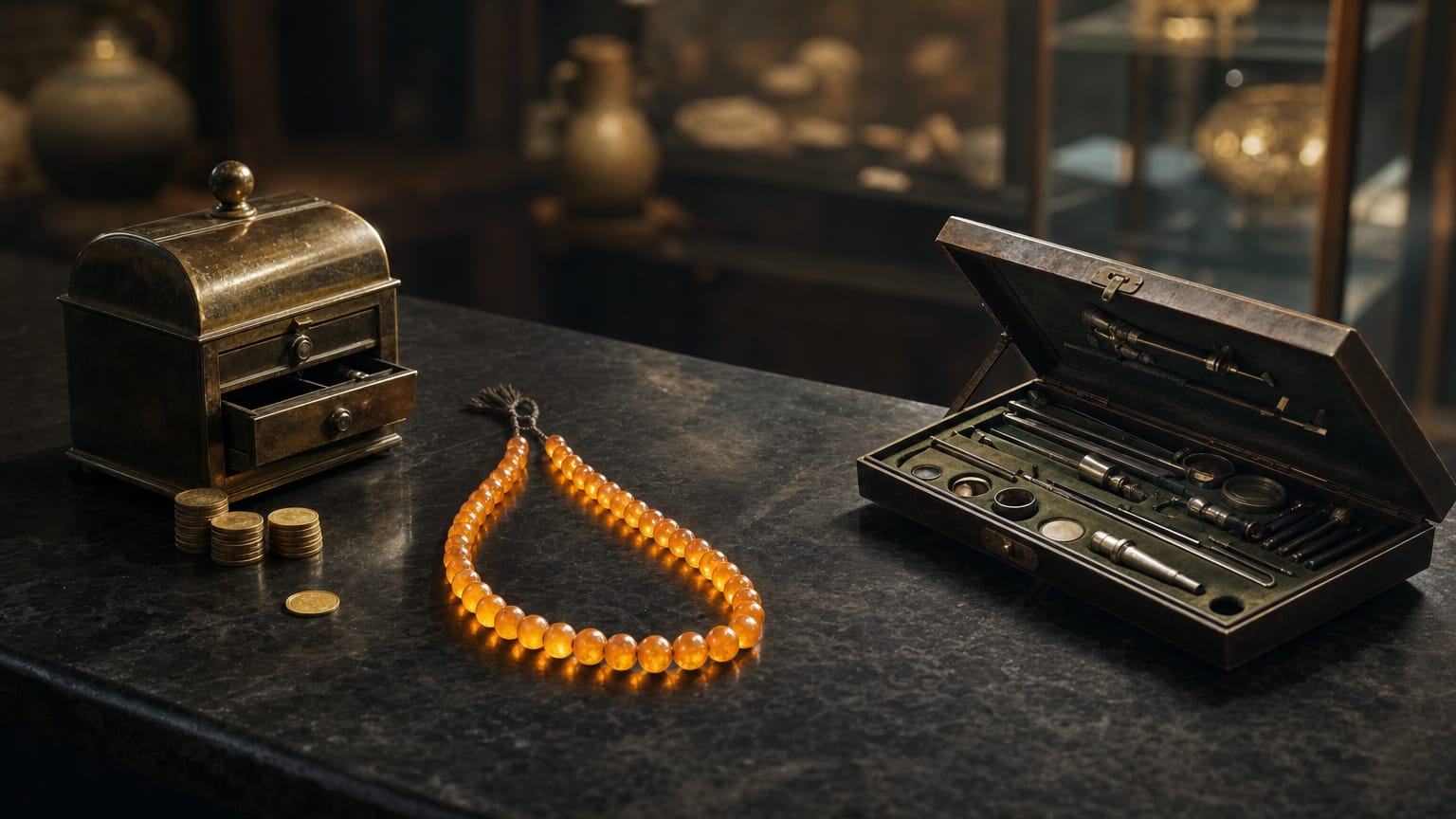 A dark counter with a small brass till, a chain of 25 glowing beads beside neatly stacked coins, and a free-standing open toolbox further along.