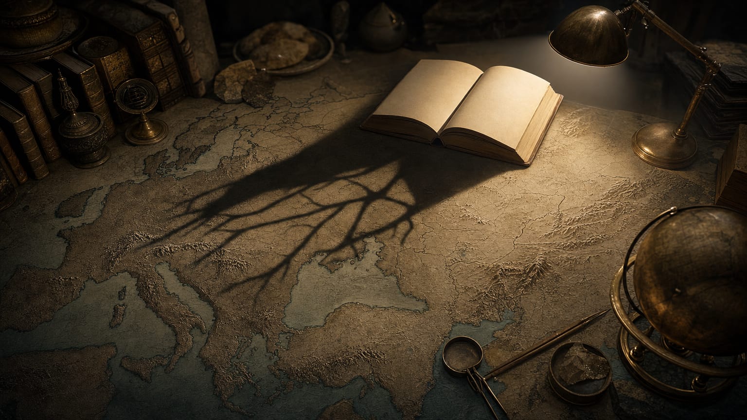 A dark scholarly scene: an open journal on a desk casting a long shadow shaped like migration routes across a map of Eurasia.