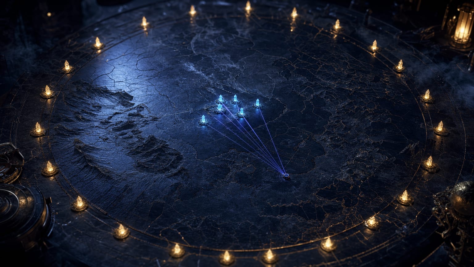 A dark editorial scene of two constellations of glowing points, one near and one far, joined by faint lines to a single bright node between them.