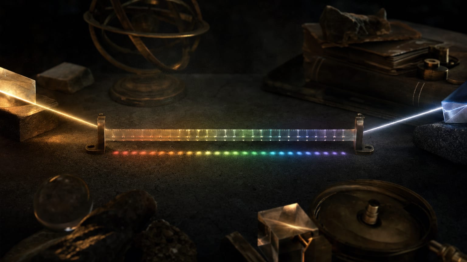 A translucent strip with twenty-five etched notches lit from below on a dark workbench, two beams of light meeting at it.