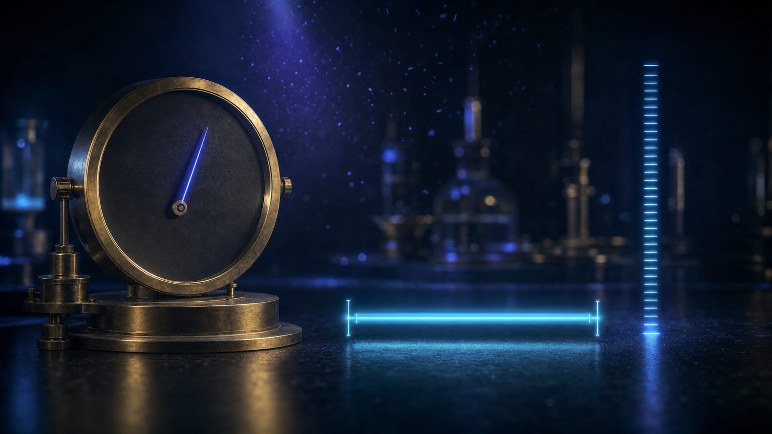 Three abstract instruments of light: a gauge, a bar with error bounds and a scale of ticks