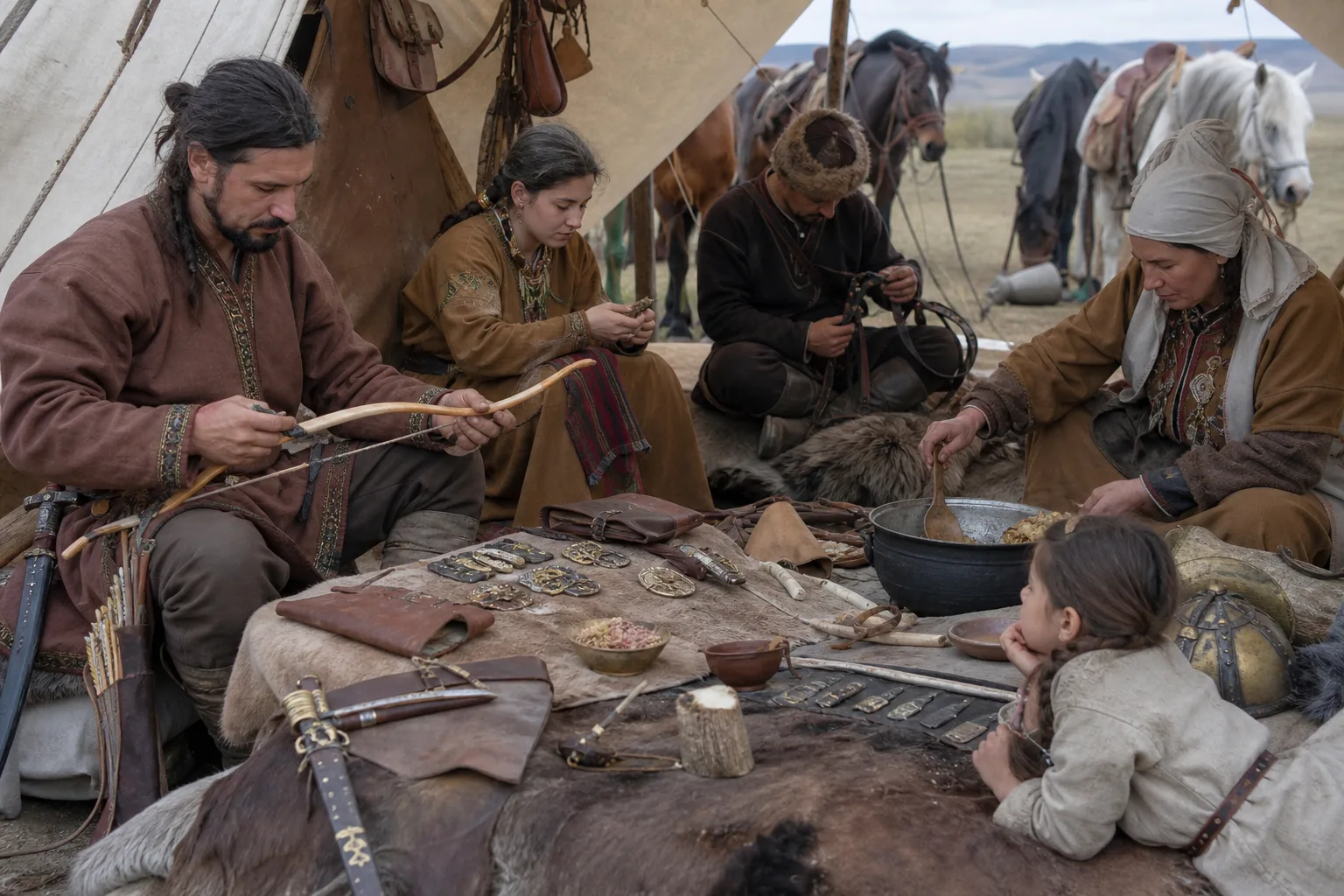 Realistic archaeological reconstruction of Hun-period people with a composite bow, sword, belt fittings, horse tack and steppe-style vessels