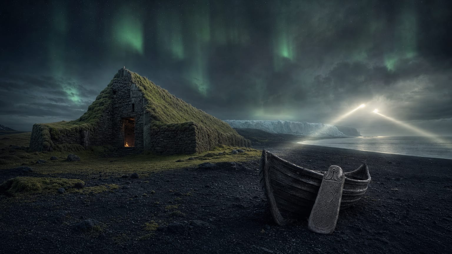 A dark volcanic plain under aurora with a turf longhouse ruin, a beached clinker boat and a carved whalebone plaque in the foreground, and two threads of light arriving over the sea from the east and the southeast.