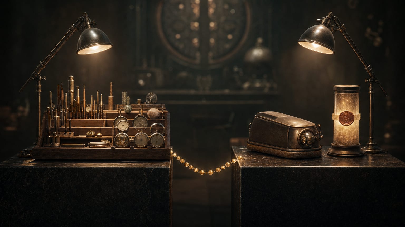 Two dark workbenches under separate lamps, one holding a self-serve rack of tools, the other a single instrument with a sealed, stamped result.
