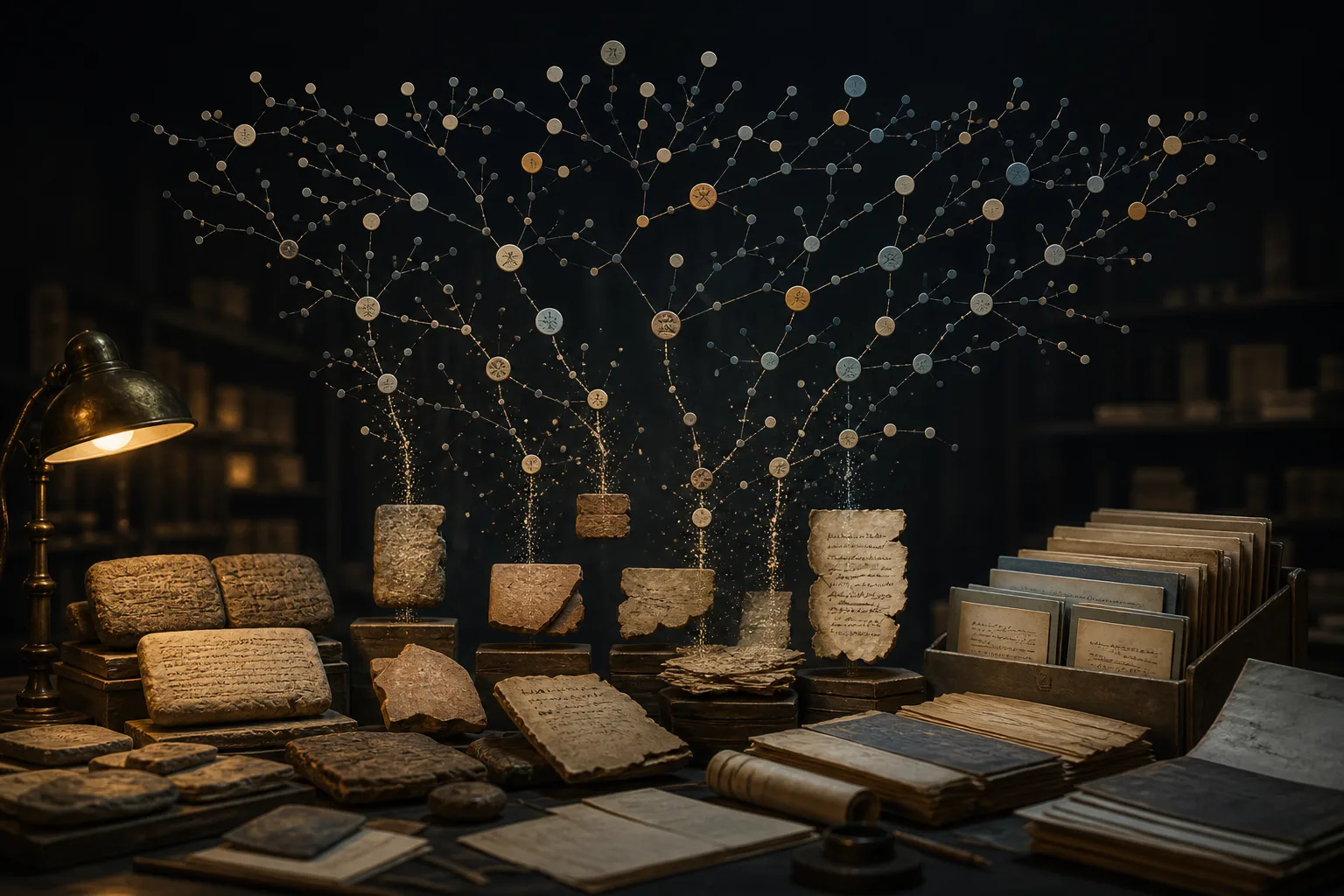 Conceptual archive of clay tablets and manuscript fragments connected by branching light to represent cognate comparison