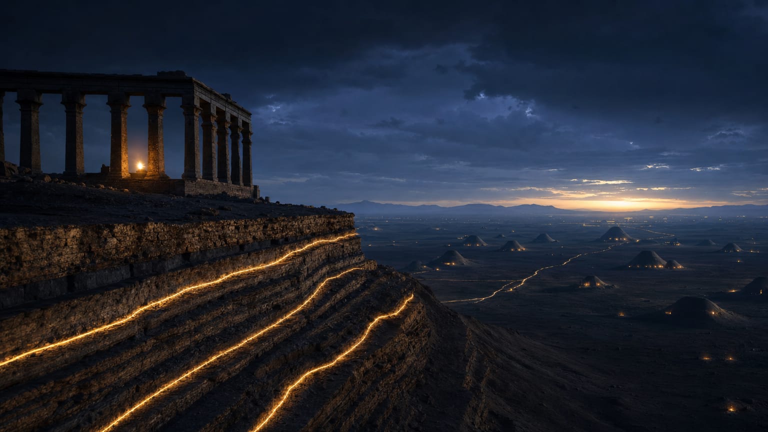 A dark plateau landscape with a ruined columned terrace, deep sediment layers below carrying continuous threads of light toward the horizon.