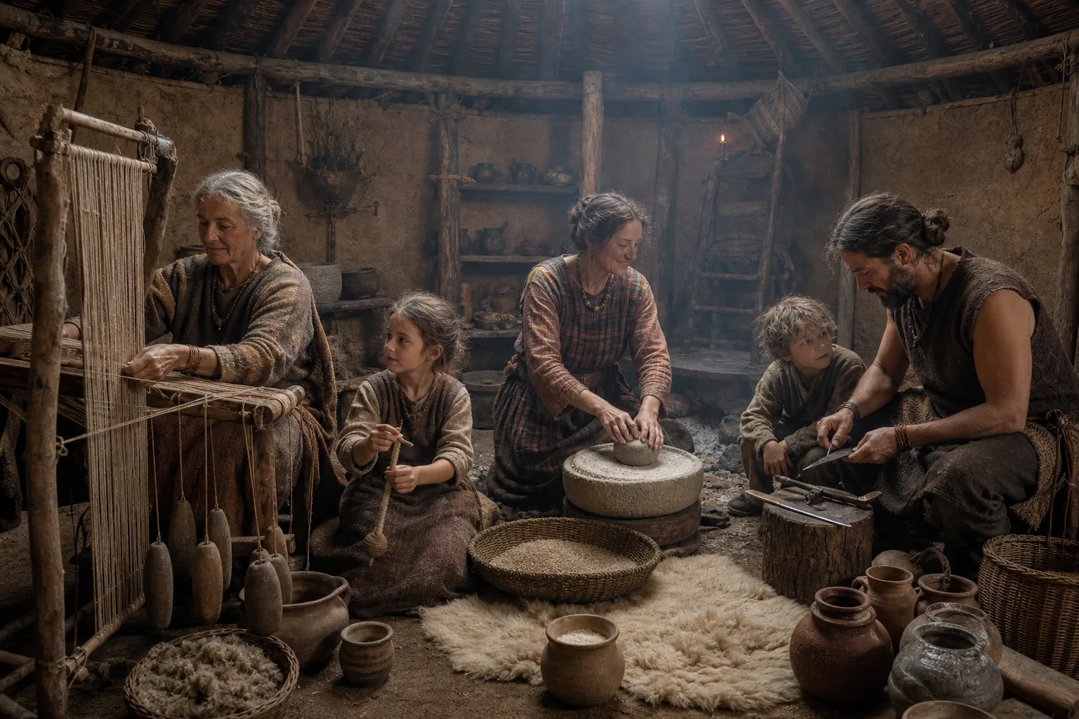 Realistic archaeological reconstruction of a Durotrigian household with several generations, woven clothing, pottery, combs and iron tools