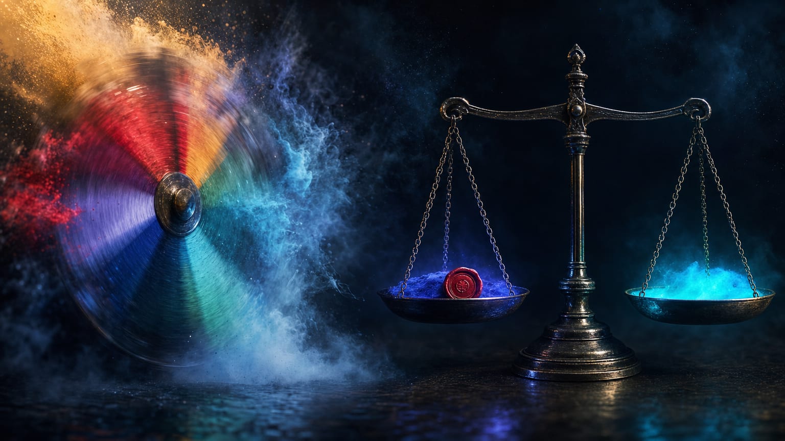 Two abstract instruments side by side in a dark editorial scene, a smooth dial of coloured bands and a brass balance holding weighted spheres.