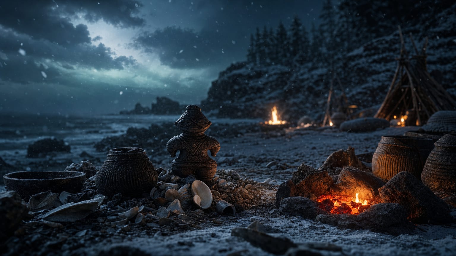 A dark northern coastline with a dogu figurine silhouette beside a shell midden, snow in the air, threads of light holding steady through a long winter.