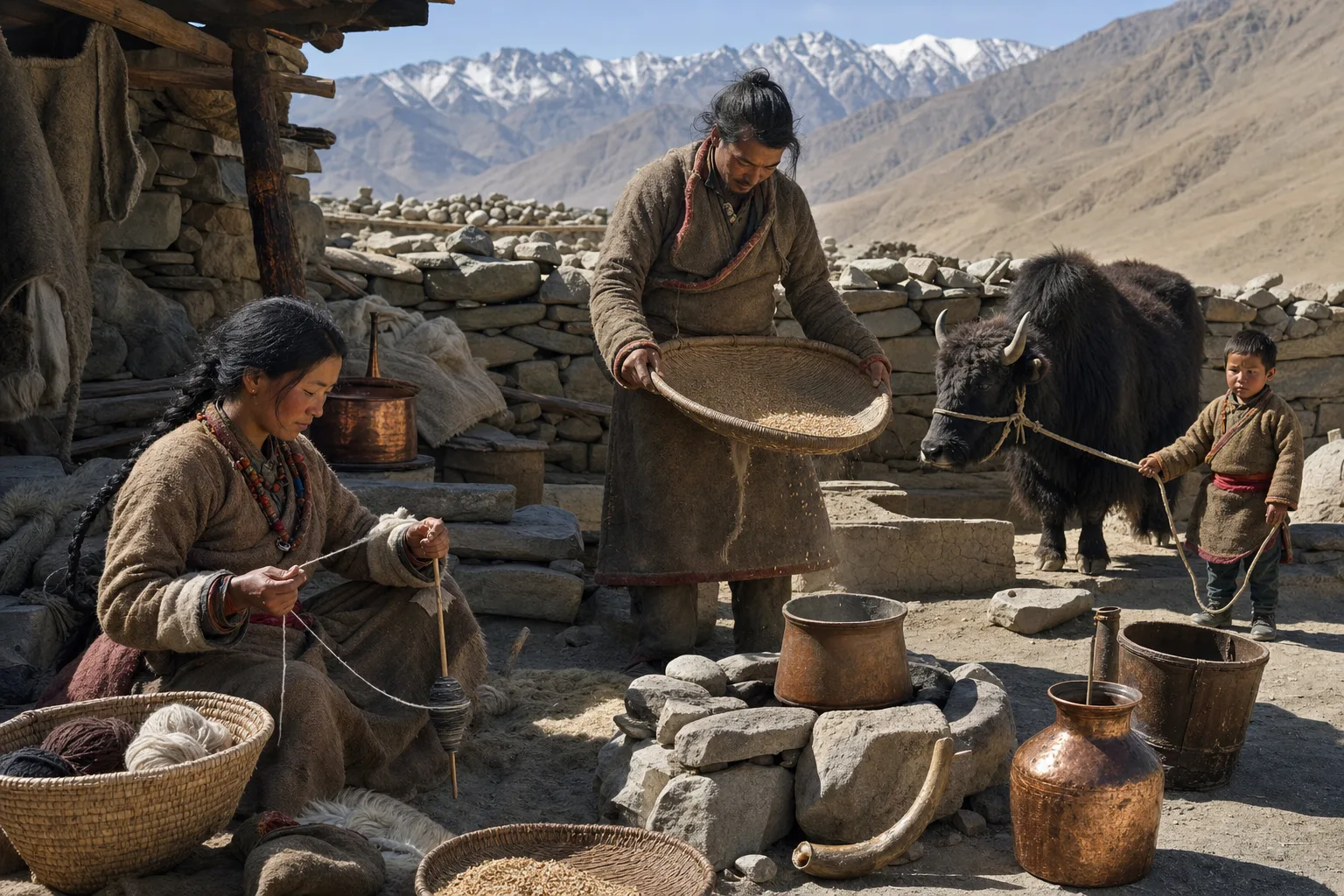 Realistic reconstruction of a high-altitude Ladakhi household with a stone dwelling, woven textiles, barley baskets and yaks against arid mountains