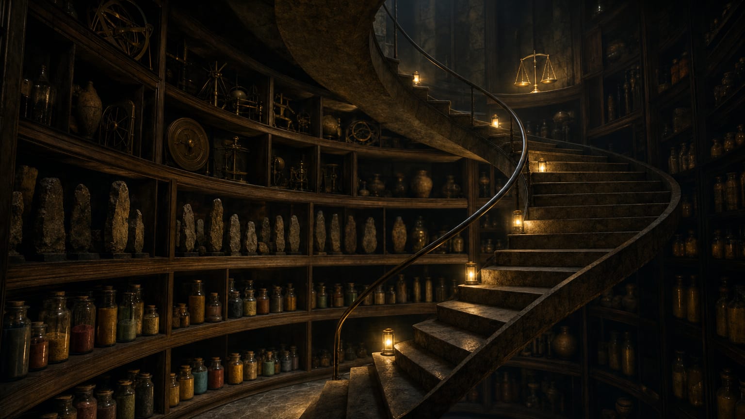 A dark library staircase spiralling up past shelves of instruments — pigment vials low, standing stones mid-flight, a lit balance at the top landing.