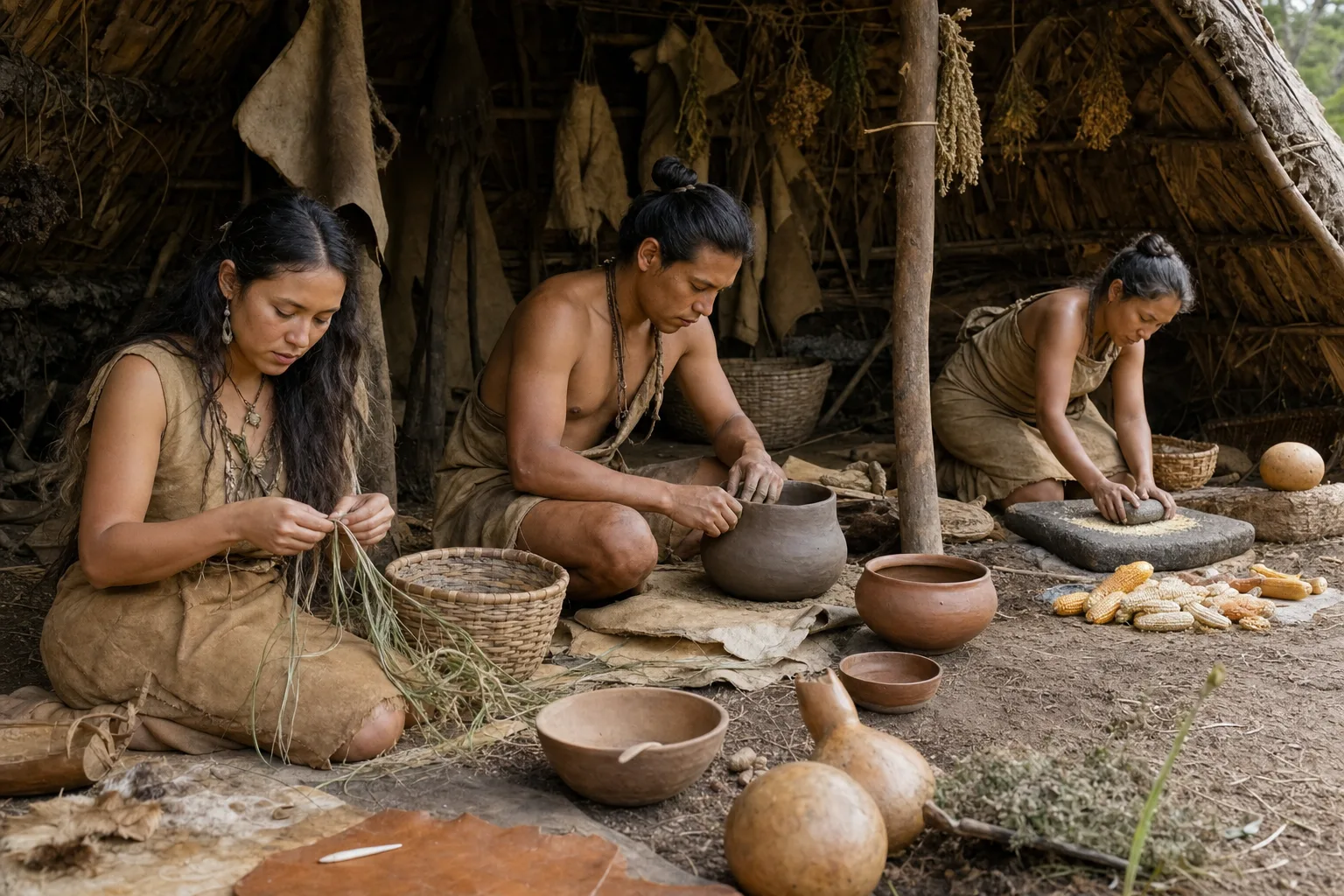 Realistic reconstruction of a pre-contact community with people weaving, preparing food and repairing tools beside hide-and-timber shelters