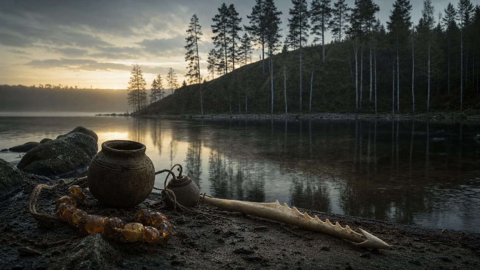 A dark lake shore in a pine forest under a pale northern dusk, a hillfort mound across the water, amber beads and a corded pot resting on the sand, threads of light barely moving.