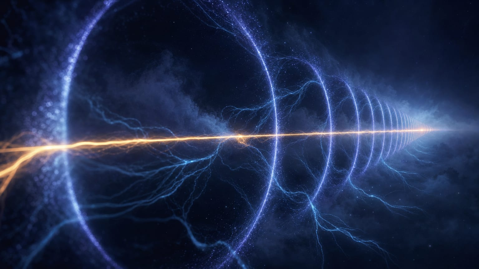A single golden thread passing through a receding line of luminous rings with branches fading away