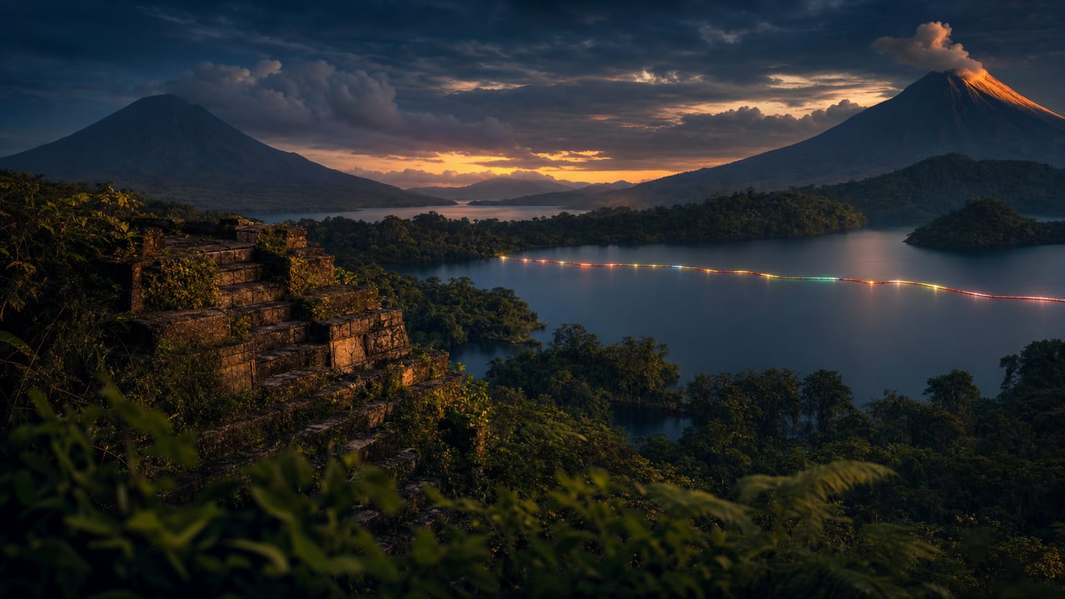 A stepped stone platform in a highland valley at dusk, agave rows and a dry lakebed below, distant volcanoes under a clear sky.