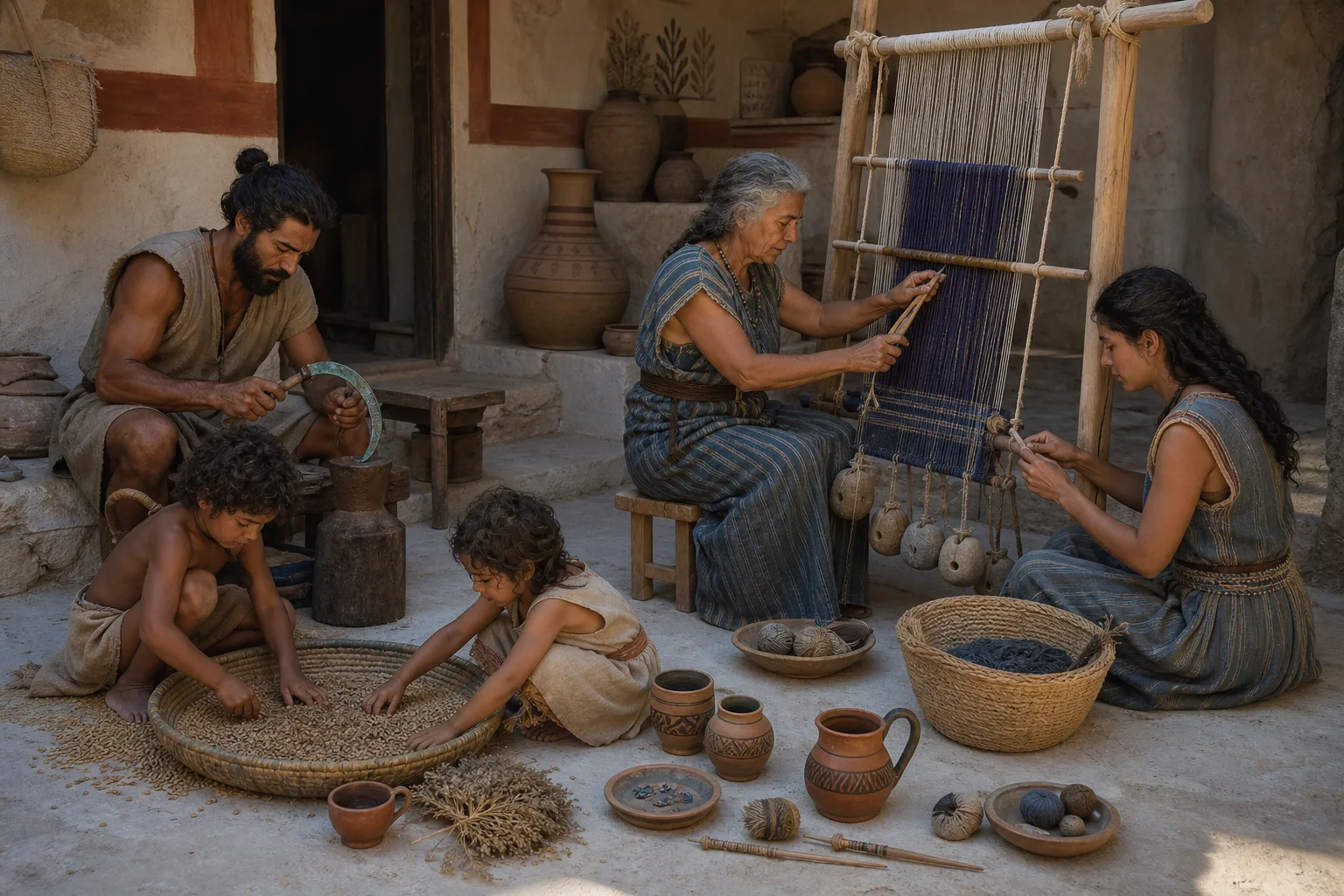 Realistic Bronze Age Aegean household with adults, children, painted pottery, a loom and storage vessels