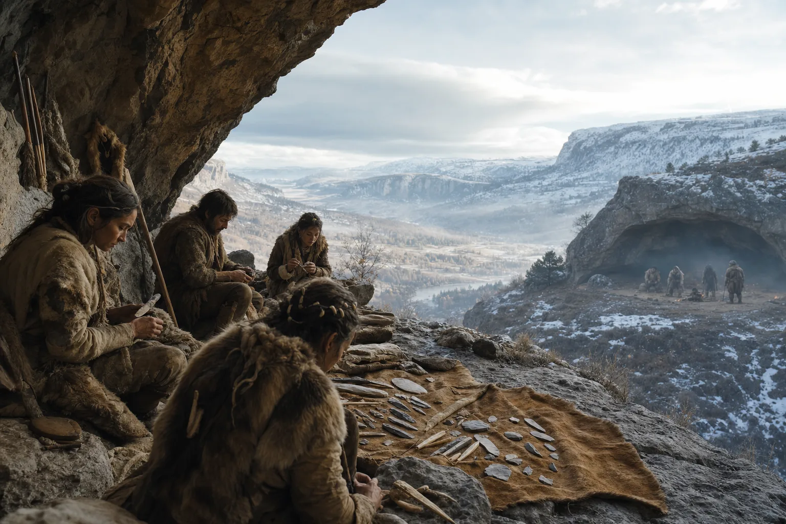Realistic Ice Age scene showing modern humans with stone tools near a cave and Neanderthals visible across a cold valley