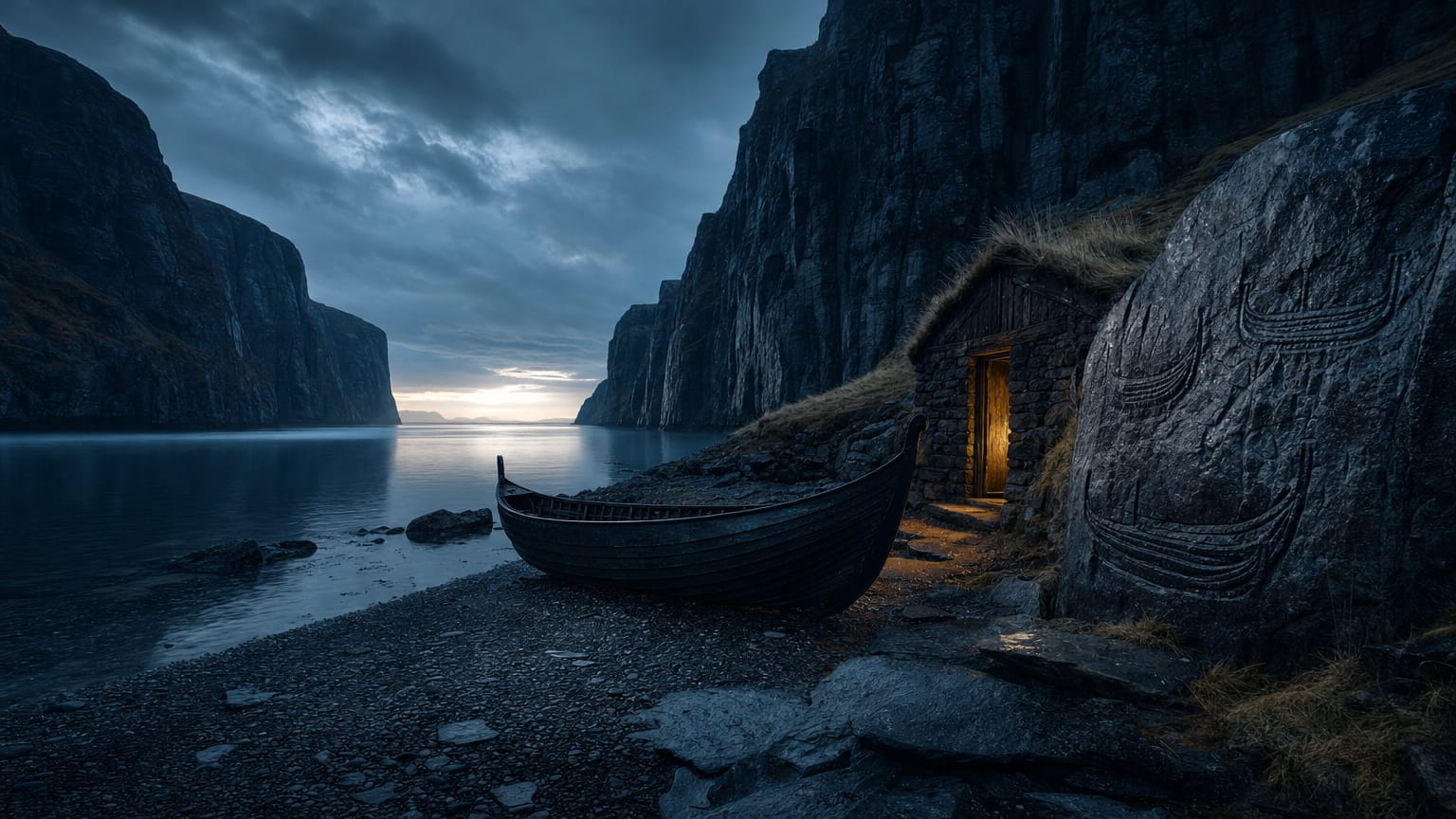 A dark fjord at blue hour with sheer rock walls, a small clinker-built boat drawn up on a shingle beach beside a rock carving of ships, and threads of light running out of the fjord mouth toward an open western sea.
