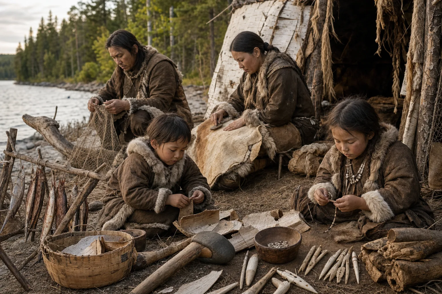 Realistic reconstruction of a Neolithic Siberian family group beside birch-bark shelters, drying fish, bone tools and a lakeshore in low light