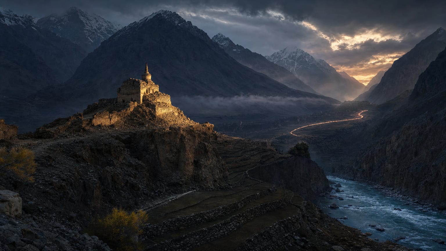 A high mountain valley at dusk with terraced fields, a dry riverbed of pale stones, and the low mound of an excavated burial ground under snow-capped ridges.