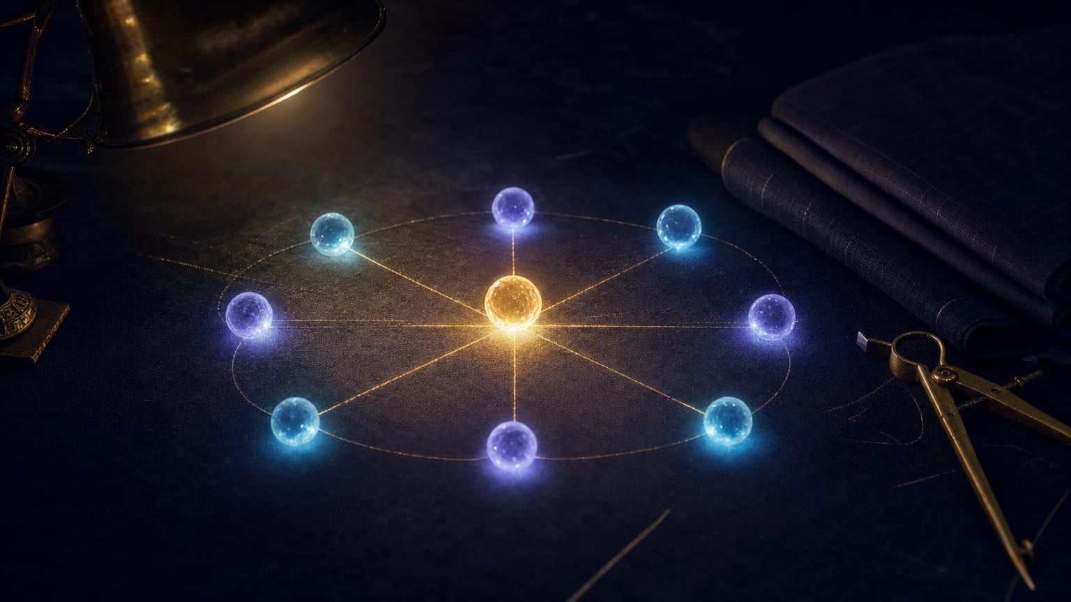 A golden sphere at the centre of a tailor's table with a hand-arranged ring of glowing spheres around it