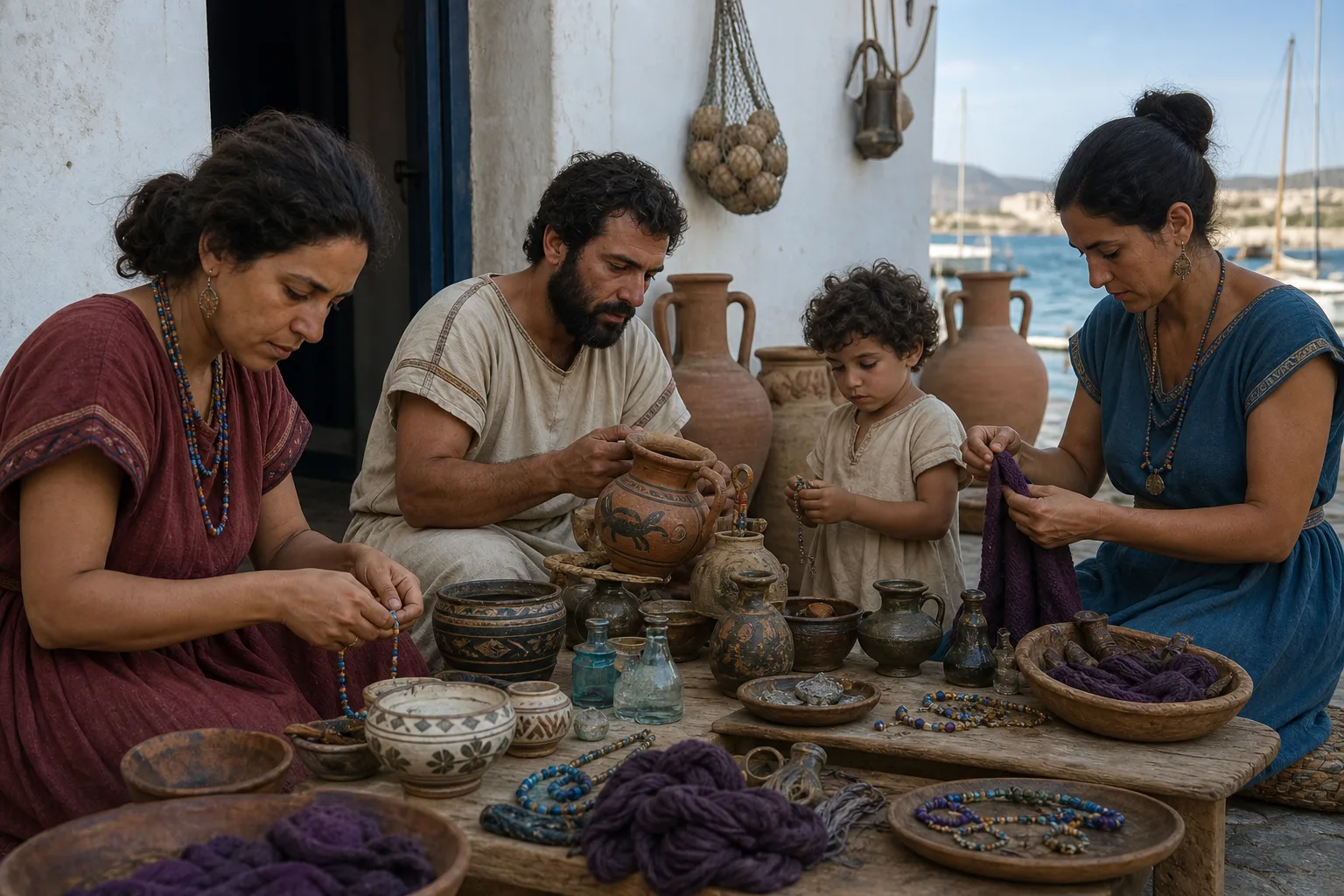 Realistic Punic harbor community with North African and Mediterranean people unloading amphorae and carved goods