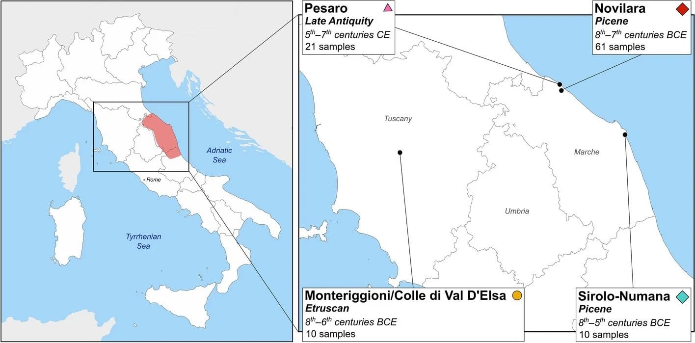 Map of central Italy locating the Picene sites of Novilara and Sirolo-Numana, the Etruscan site of Monteriggioni and Late Antique Pesaro with sample counts.