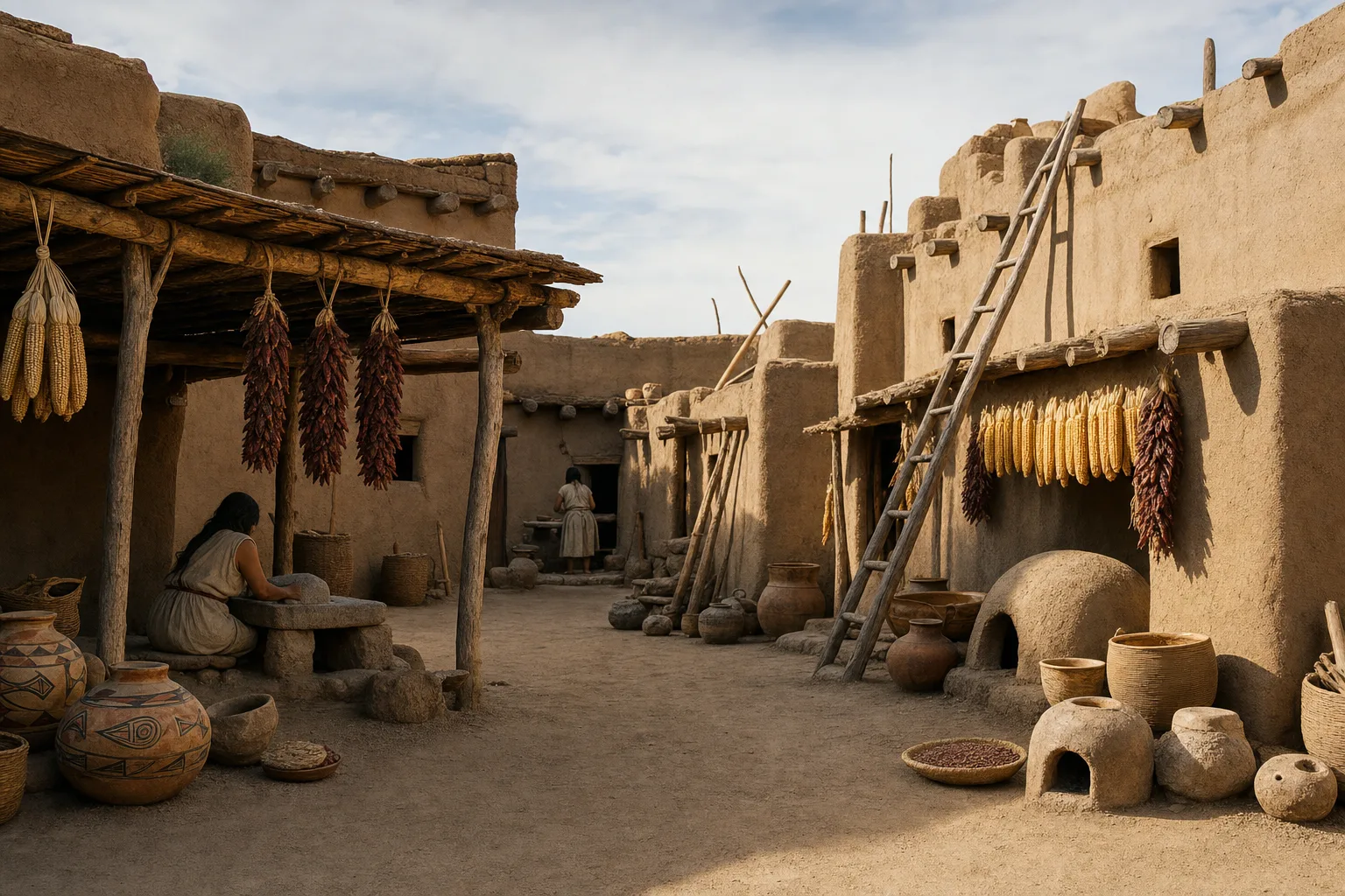 Realistic reconstruction of a Northern Rio Grande pueblo community with adobe walls, maize drying, ceramic vessels and people at work