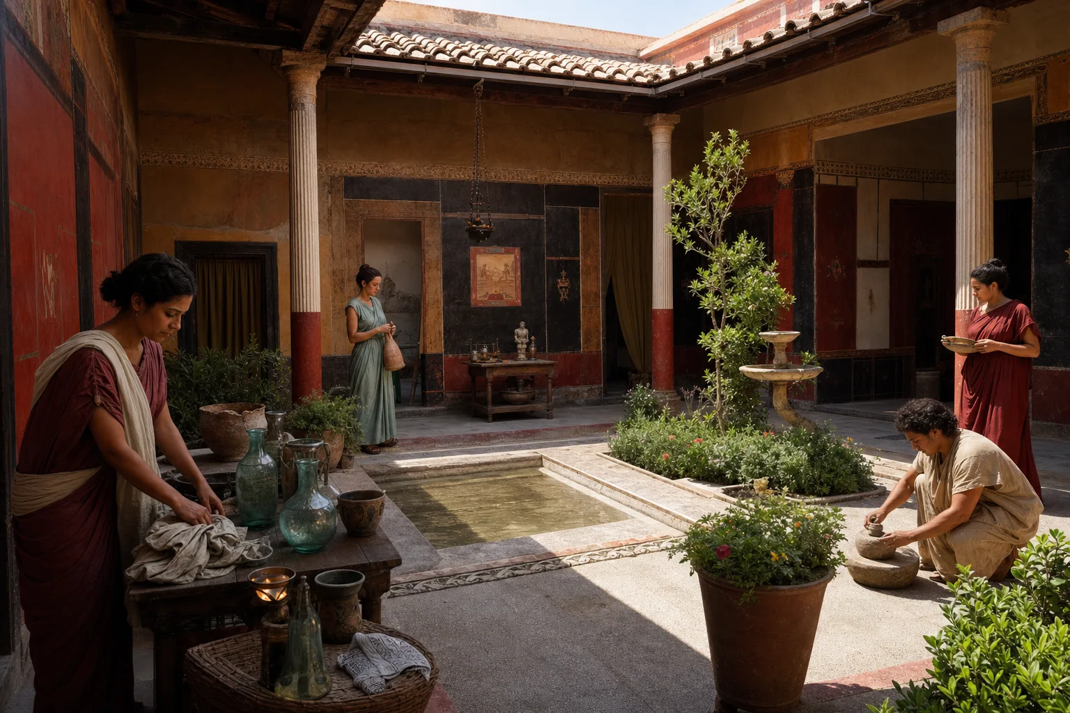 Realistic reconstruction of a Roman household courtyard in Pompeii with a fountain, frescoed walls, ceramic vessels and people at daily work