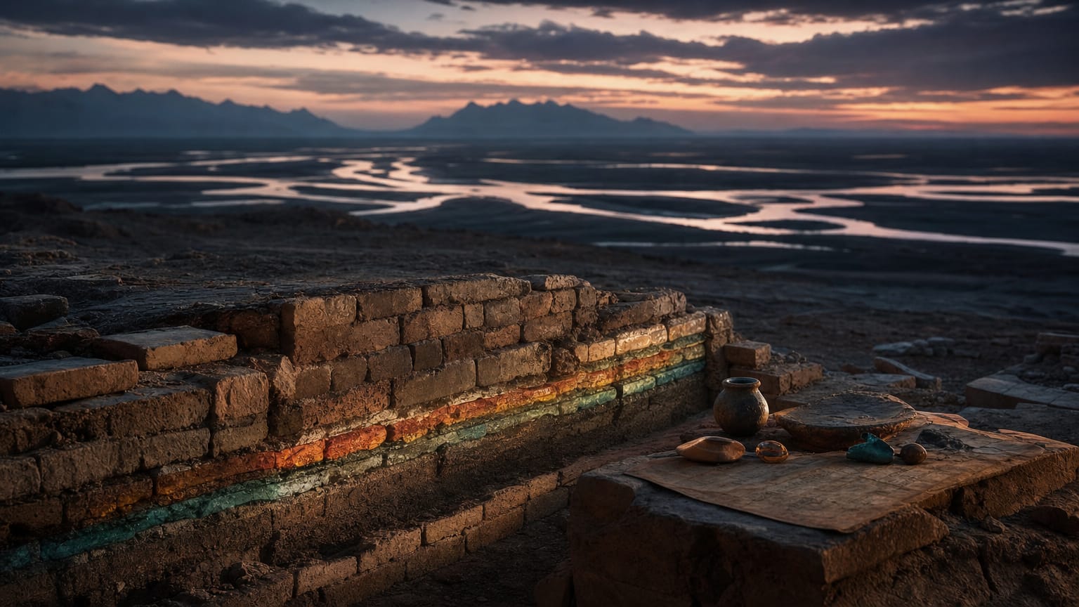 Five river channels braiding across a dark plain at dusk beside a ripening wheat field, a low eroded brick mound in the foreground and a distant Himalayan snow line, threads of light following the water.