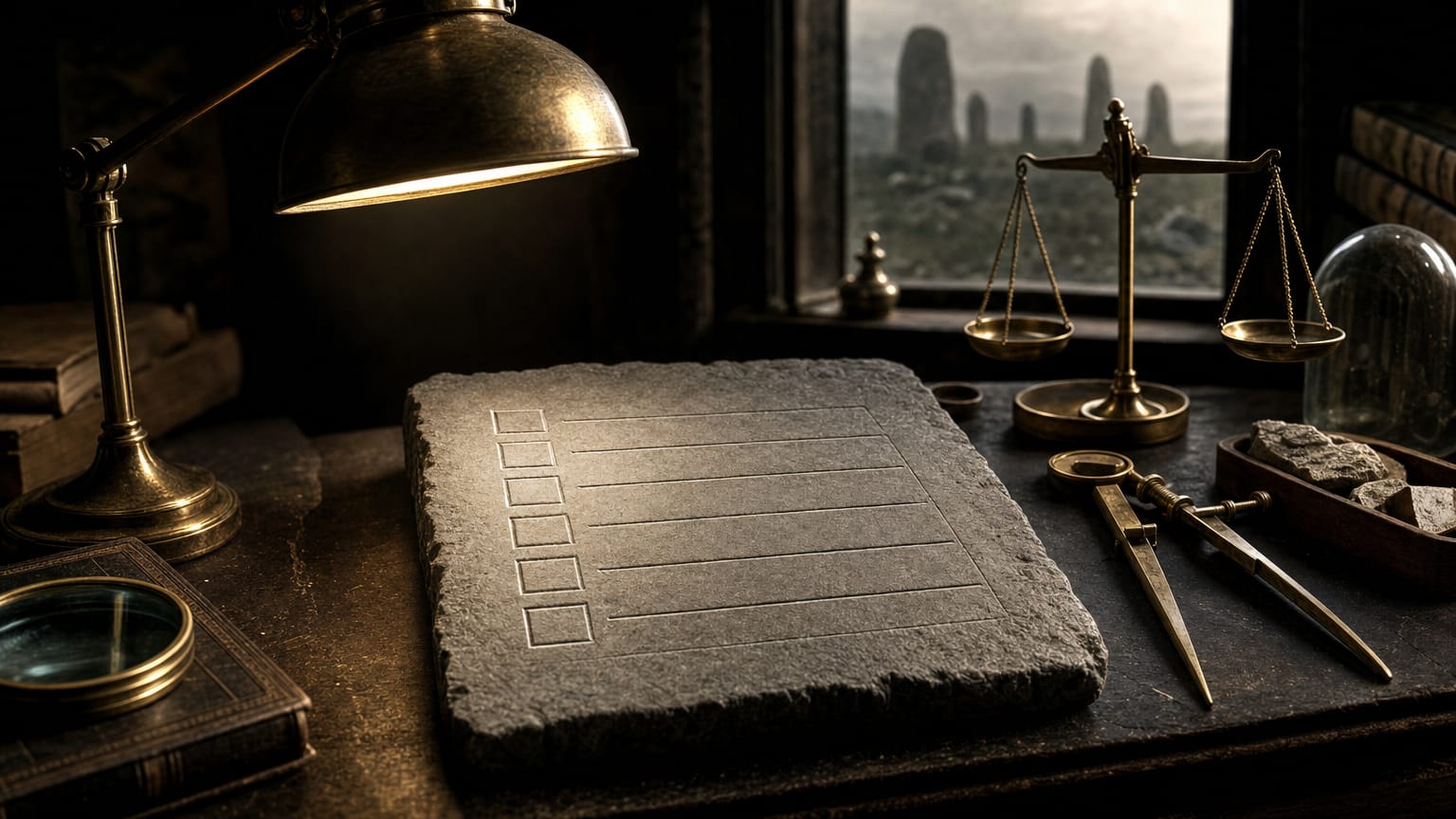 A dark drafting table with a stone tablet of ruled lines lit like a checklist, calipers and a balance resting on it, standing stones faint through the window.
