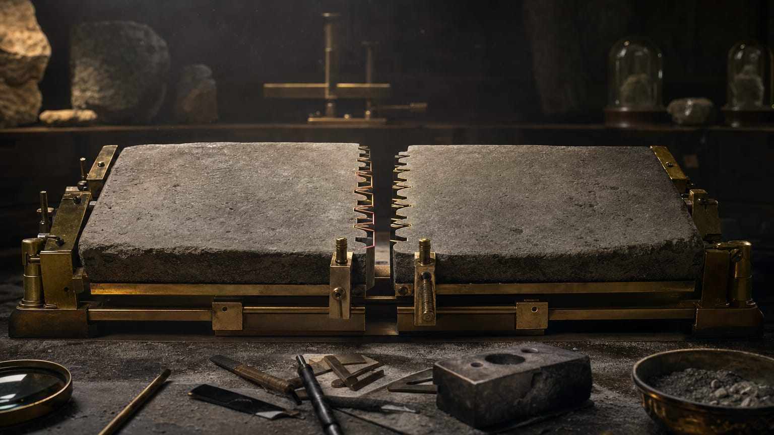 A dark workshop where two great punched stone tablets are being aligned tooth by tooth on a jig, misaligned teeth glowing faint red, aligned ones gold.