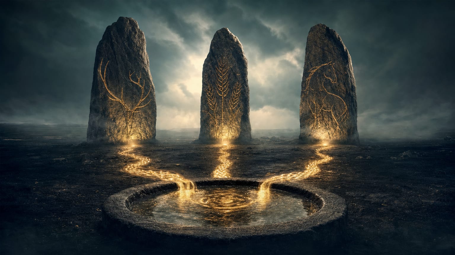 Three stone monoliths — antler-carved, grain-carved, horse-carved — on a dark plain, braided light channels running from them into one basin.