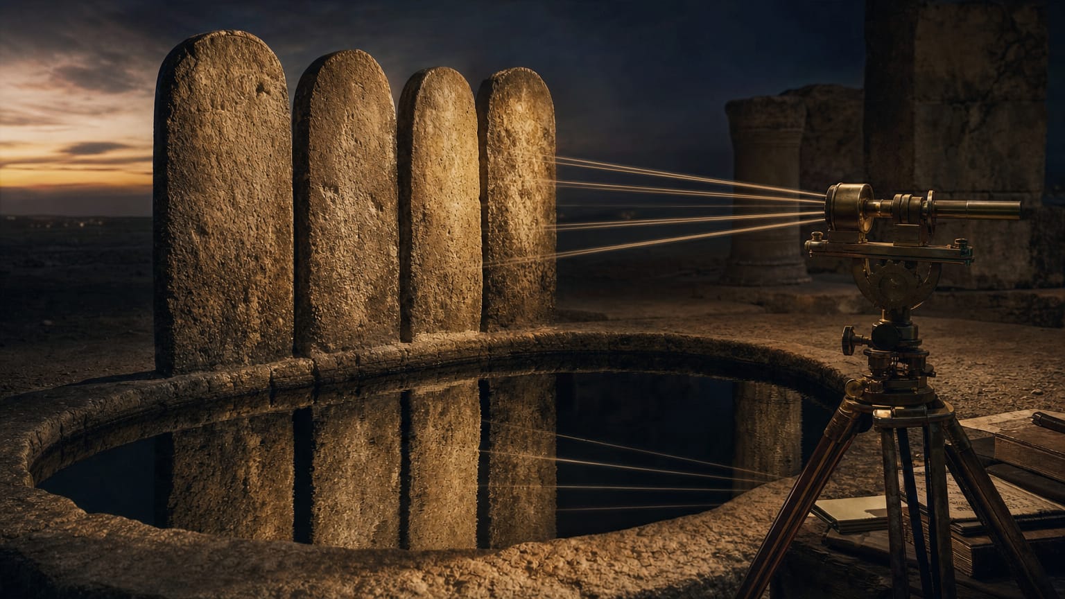 Four close-set stone stelae around a dark cistern, their reflections nearly merging into one, a brass optical instrument straining to resolve them apart.