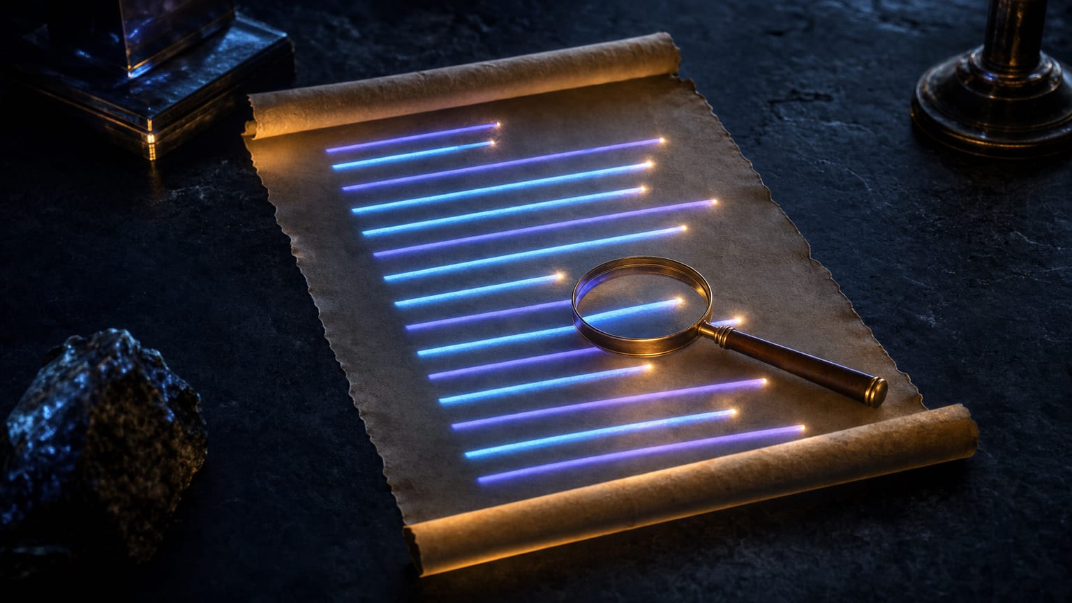 A dark editorial scene of a long illuminated ledger unrolling across a table, its columns of light fading into shadow at the far end.