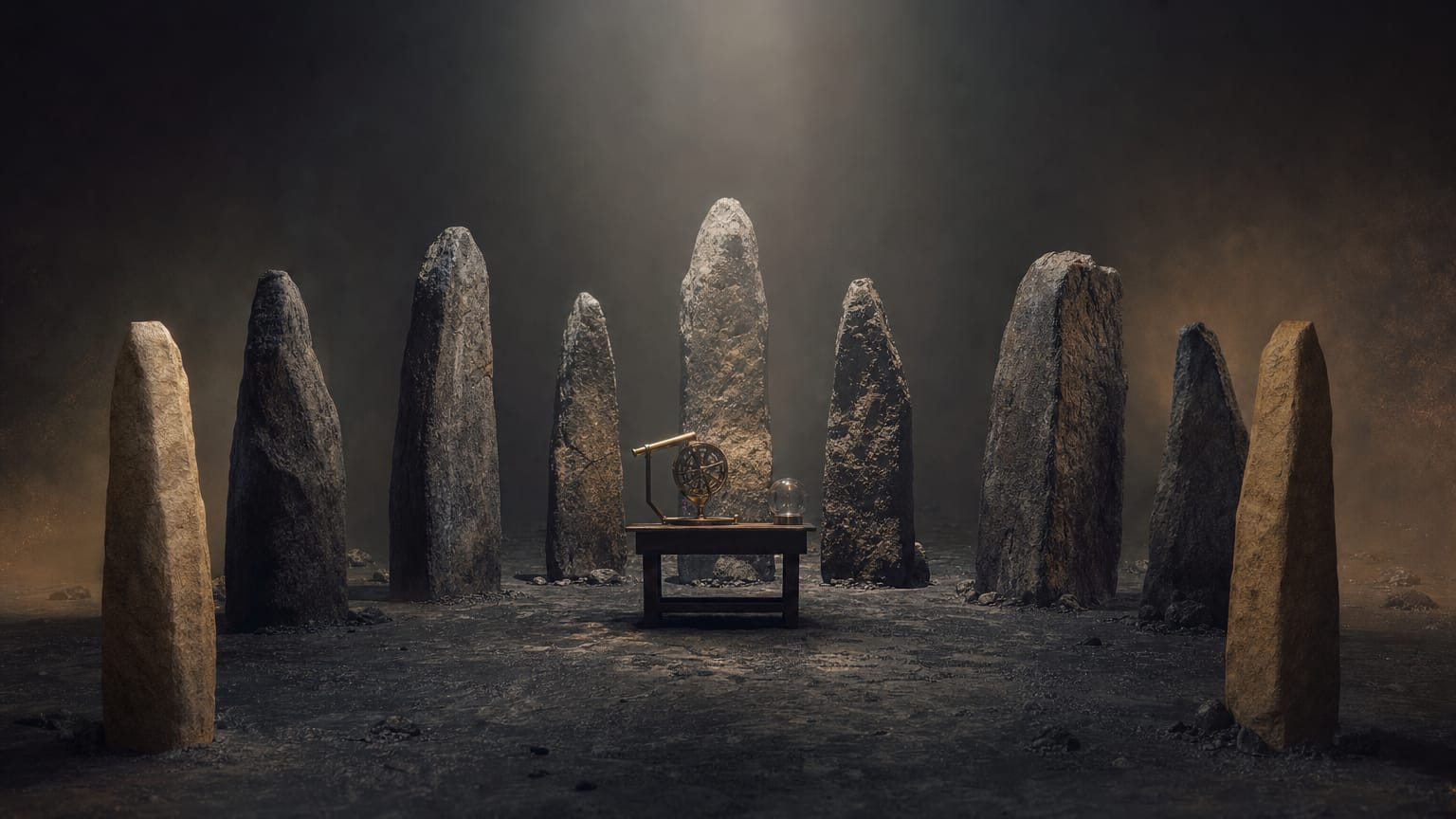 Nine weathered standing stones arranged in a dark arc around a measuring bench, two newer stones placed just outside the arc.