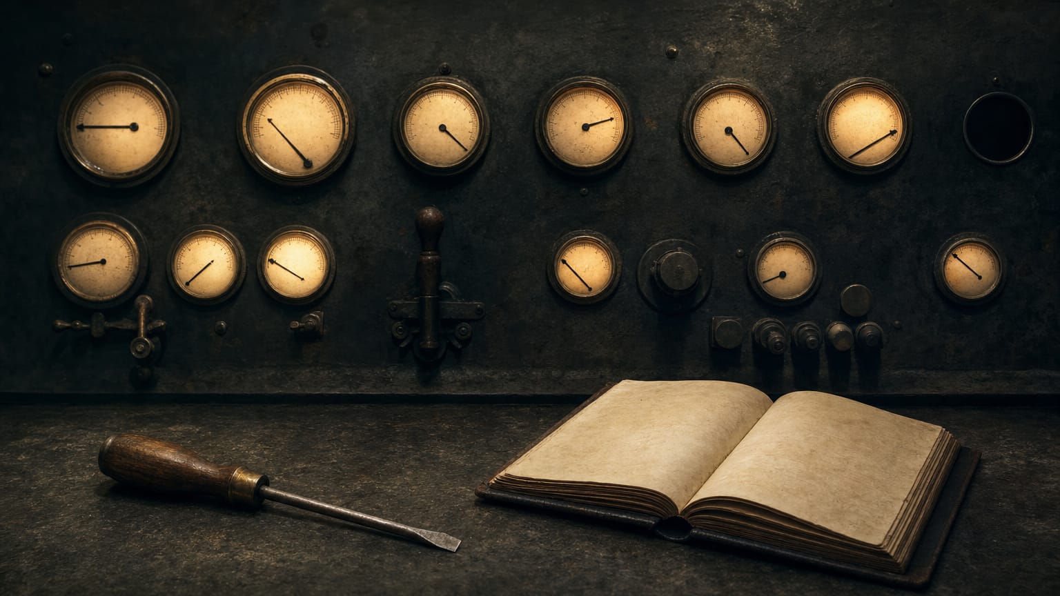 A dark workshop wall of small illuminated gauges, several needles pinned at implausible extremes, one hand adjusting a connection.