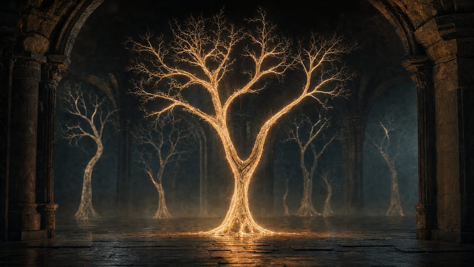 A dark hall where one glowing branching tree of light stands among many faint ghost trees of different shapes, all rooted in the same stone floor.