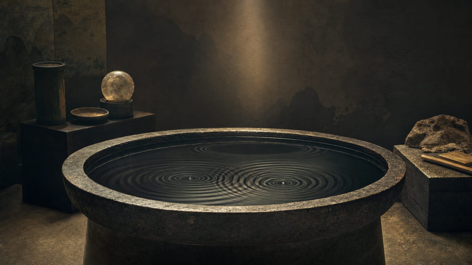 Dark water surface in a stone basin showing two distinct overlapping ripple systems under a narrow beam, a third faint ring barely visible.