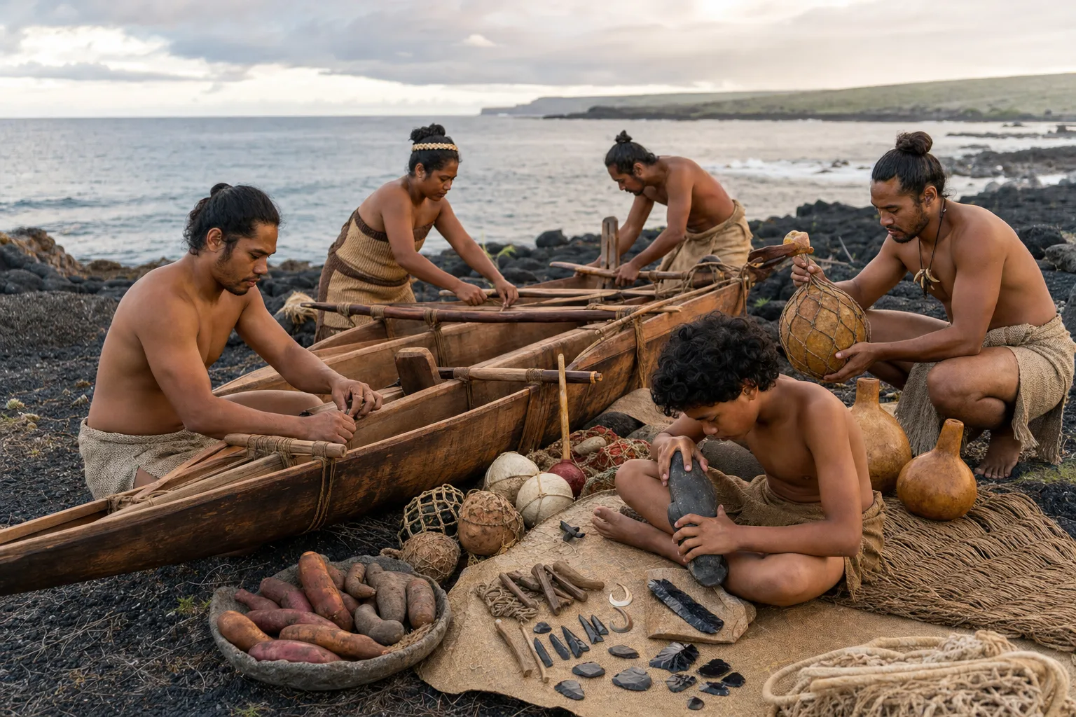 Realistic Rapanui navigators preparing a double-hulled canoe beside woven sails, obsidian tools, fishing hooks and carved wooden artifacts