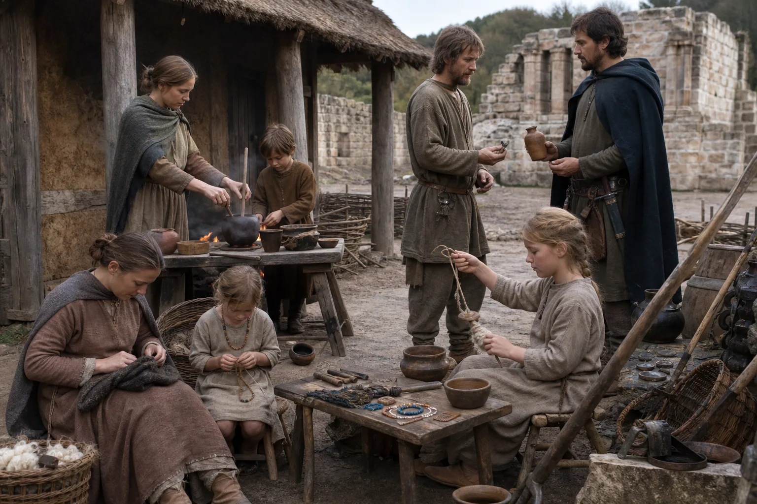 Realistic archaeological reconstruction of a sixth-century southern German family near row graves with brooches, belts, pottery and farm tools