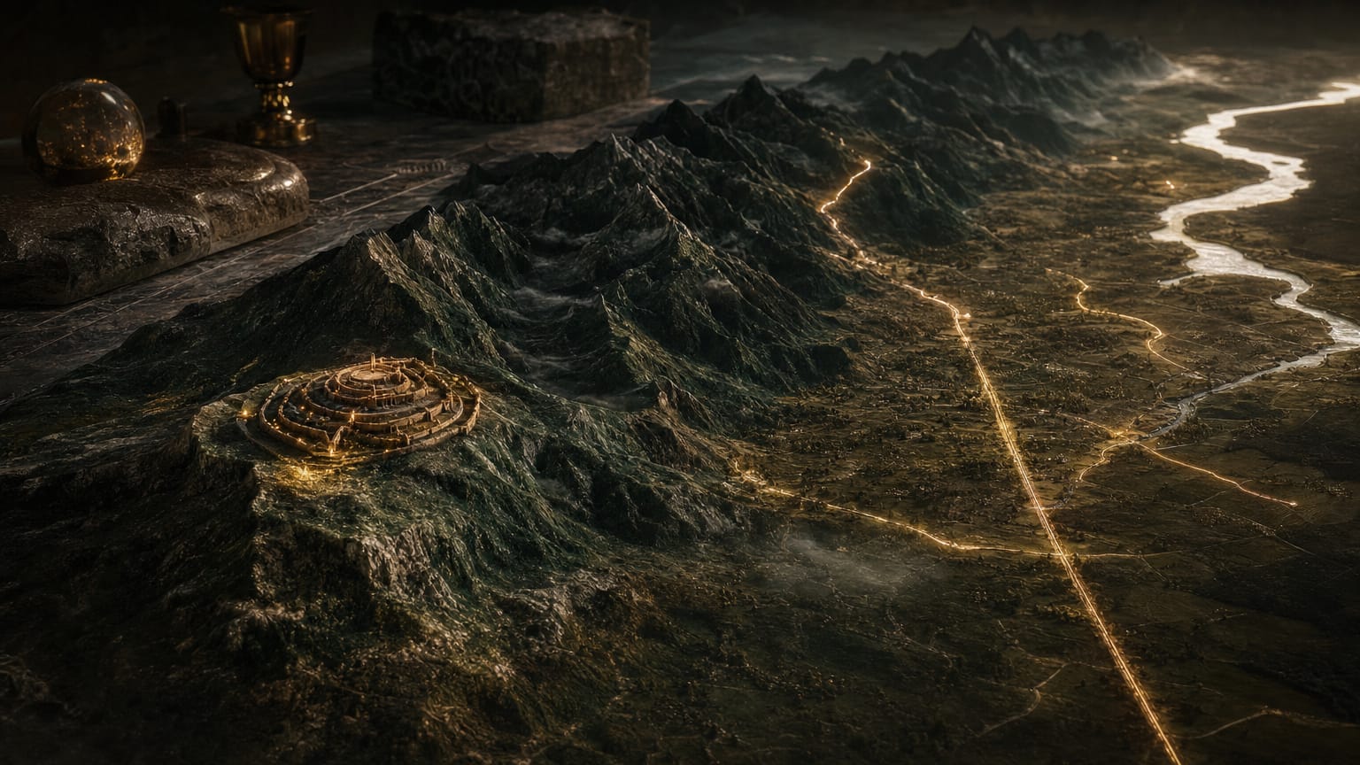 A dark Carpathian ridge above a river plain, a Dacian hillfort terrace and a Roman road line below, threads of light braiding along the mountains.