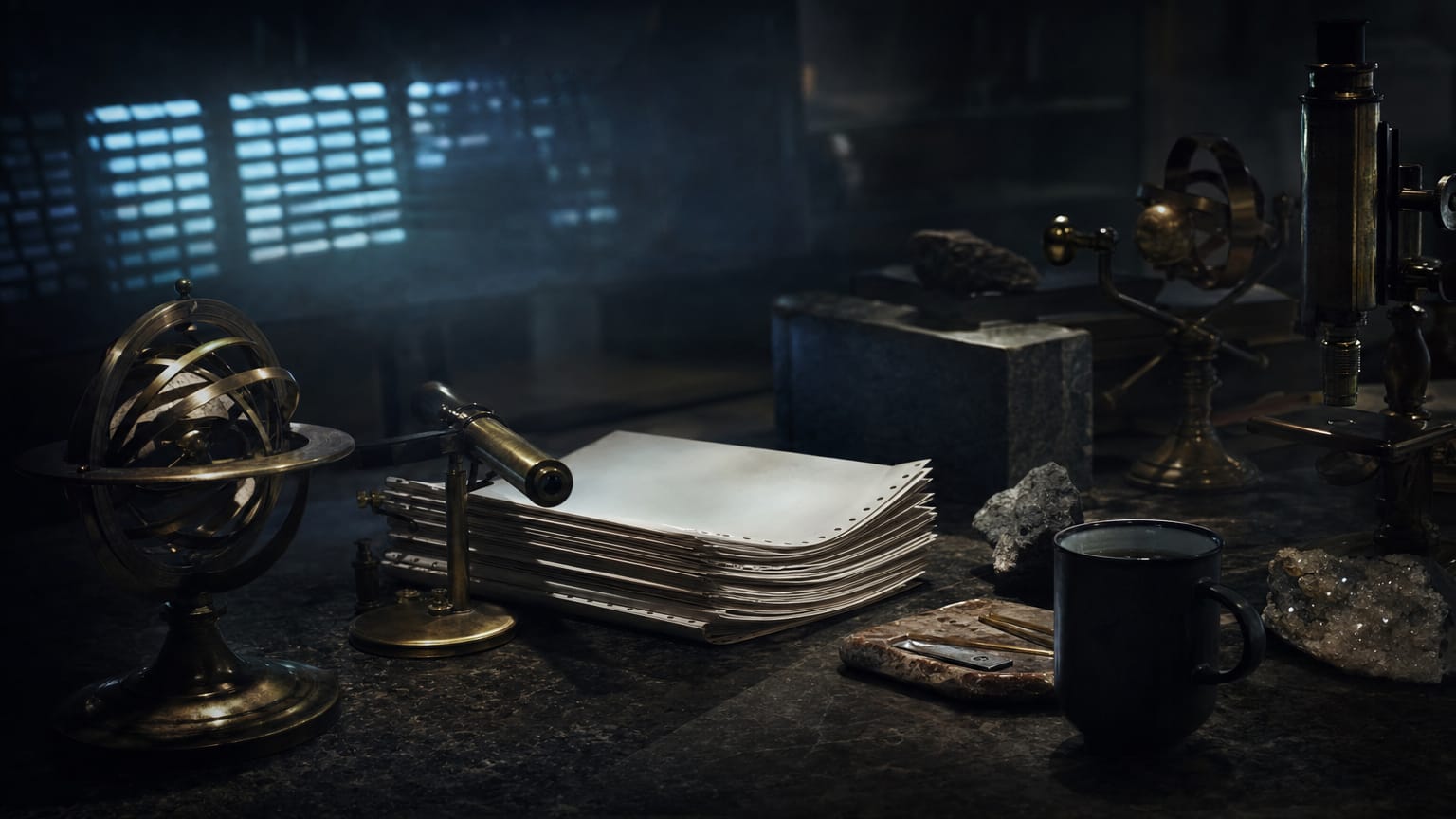 A dark desk with a terminal-like glow reflected in glasses of an unseen analyst, brass instruments and a stack of annotated printouts beside it.
