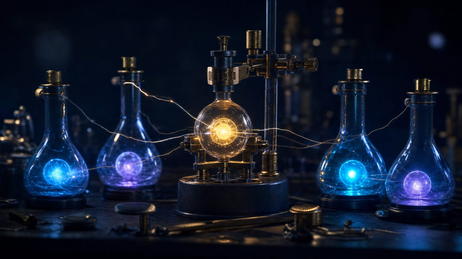 A laboratory bench of glass vessels holding glowing spheres, threads of light running to one golden specimen