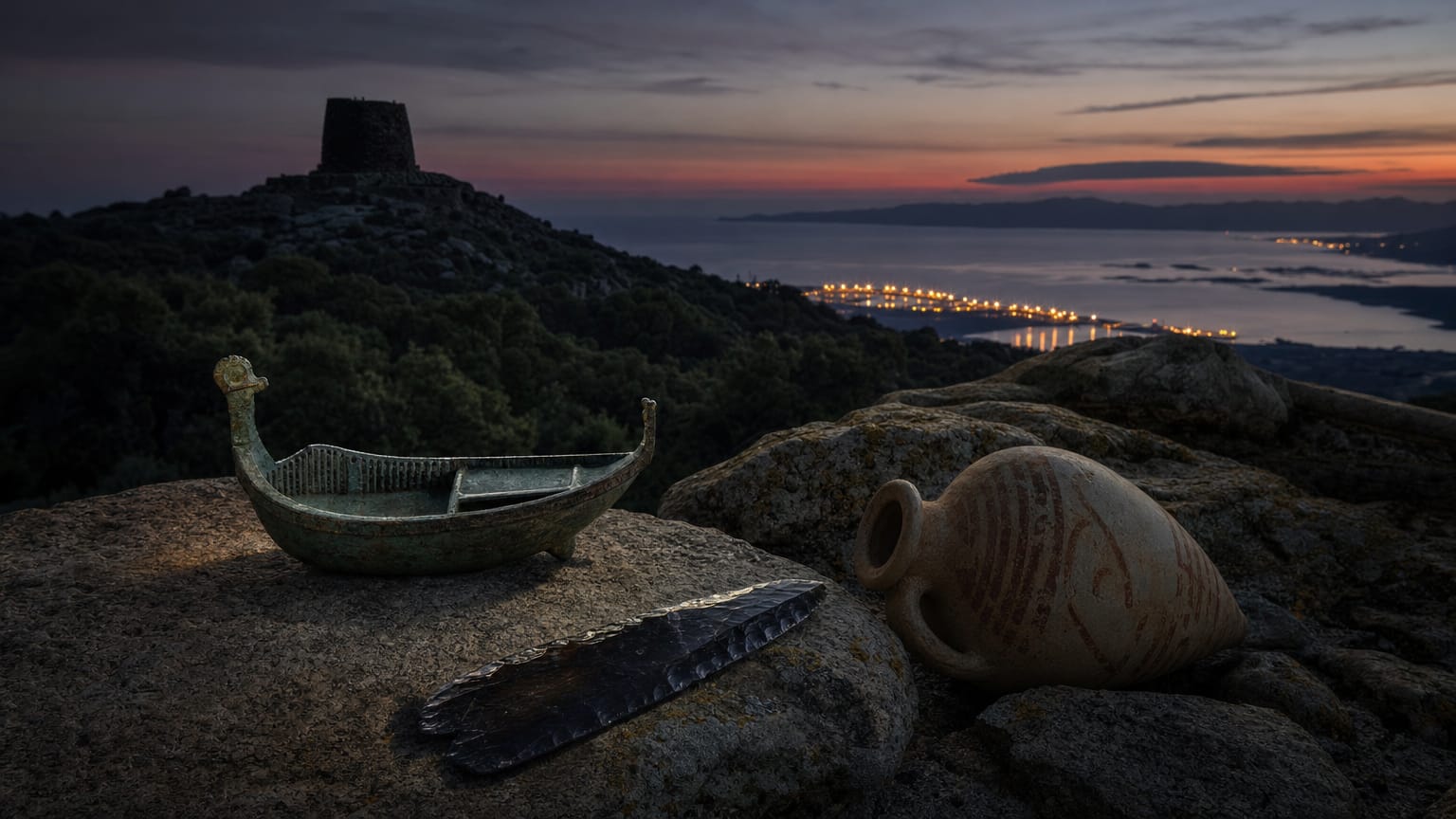 A dark Sardinian upland at dusk with a nuraghe tower silhouette on a granite ridge, a bronze votive boat and Punic amphora in the foreground, and threads of light touching only the coast far below.