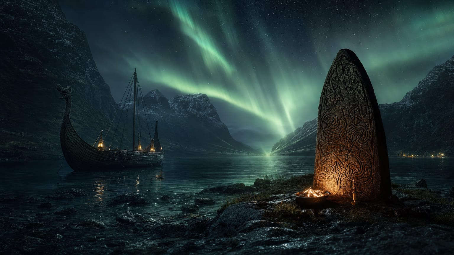 A dark fjord under aurora with a longship and a runestone silhouette, threads of light both leaving toward the horizon and arriving from it.