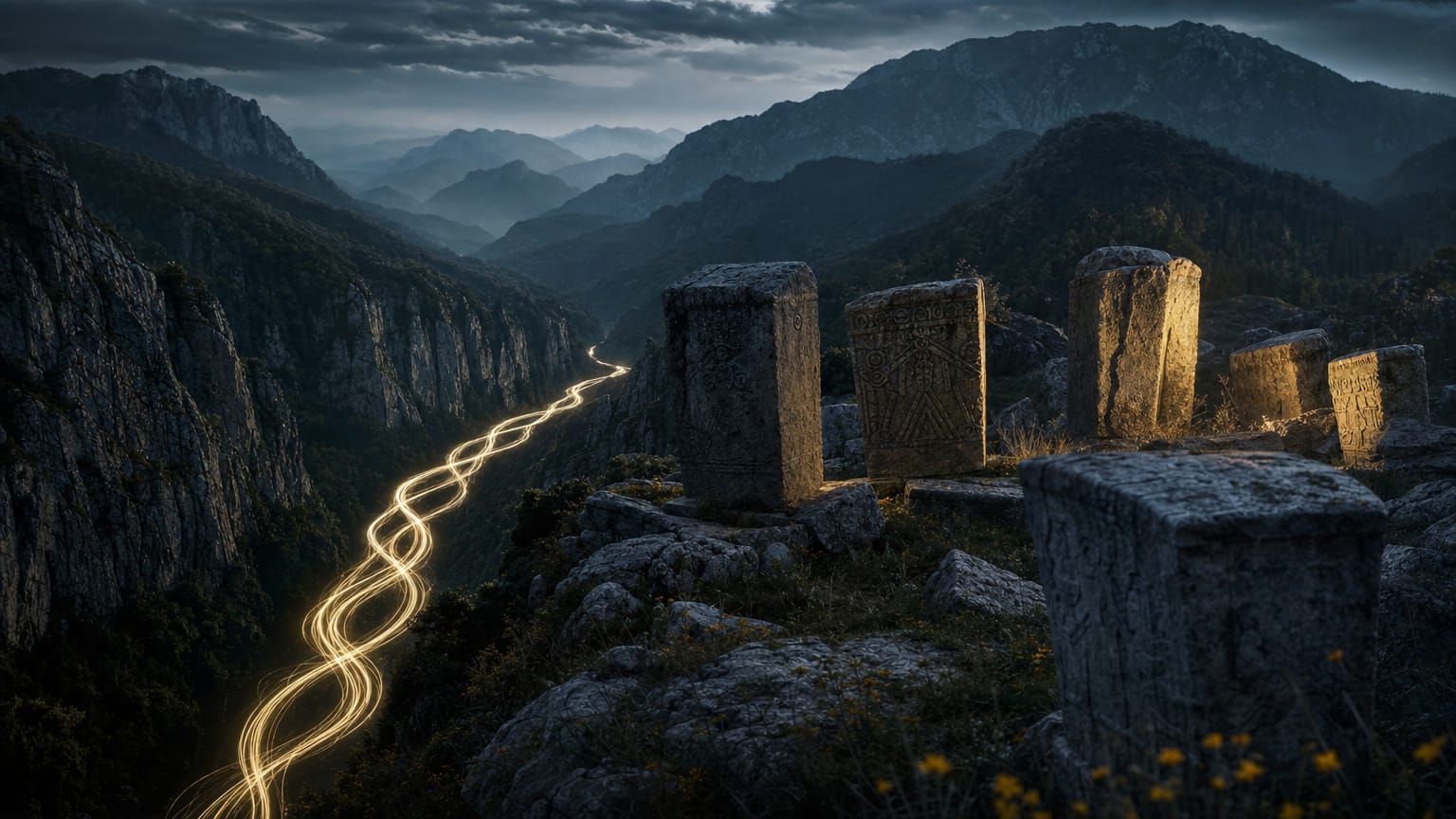 A dark Dinaric karst landscape with a river gorge and medieval stecak tombstones, three braided threads of light running as one river of light.